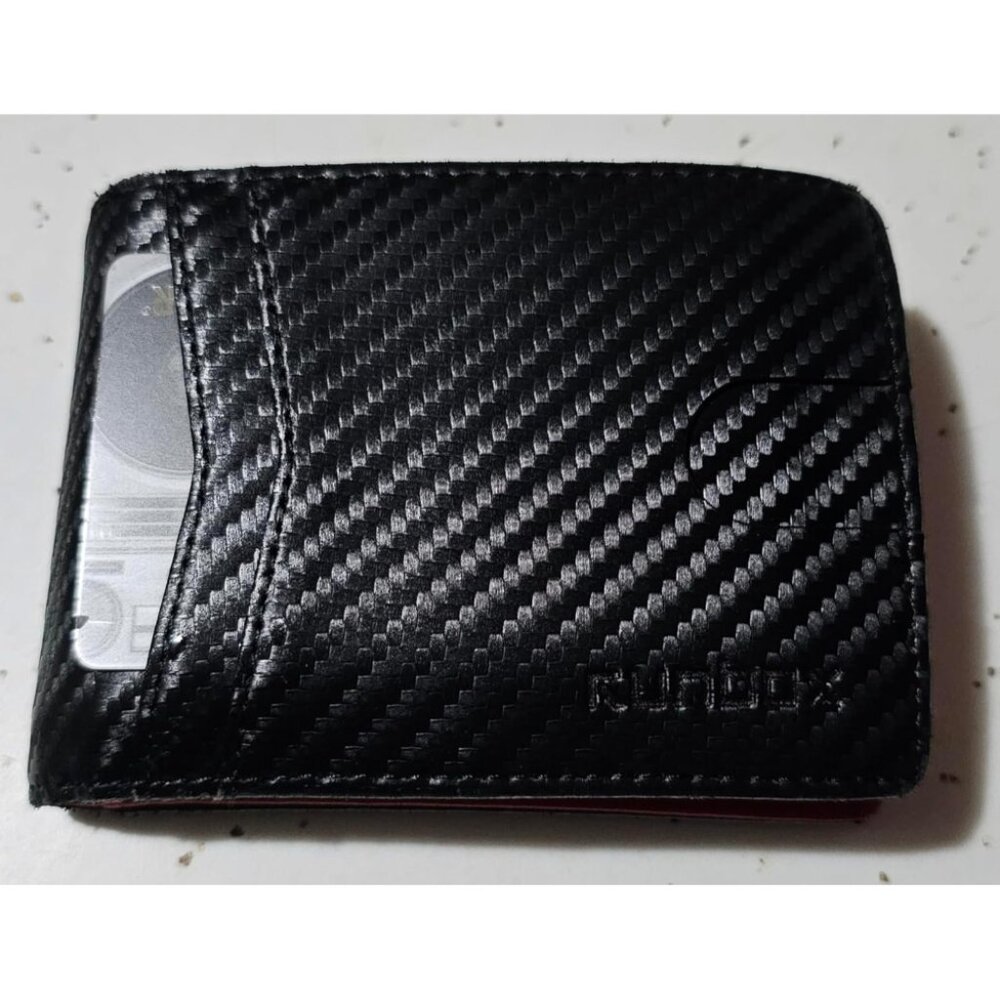 🆕Runbox Men Carbon Black Red New Leather‎ Slim 2 ID Window Gift Box Wallet